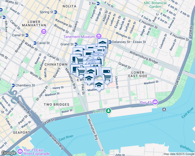 map of restaurants, bars, coffee shops, grocery stores, and more near E Broadway & Rutgers St in New York