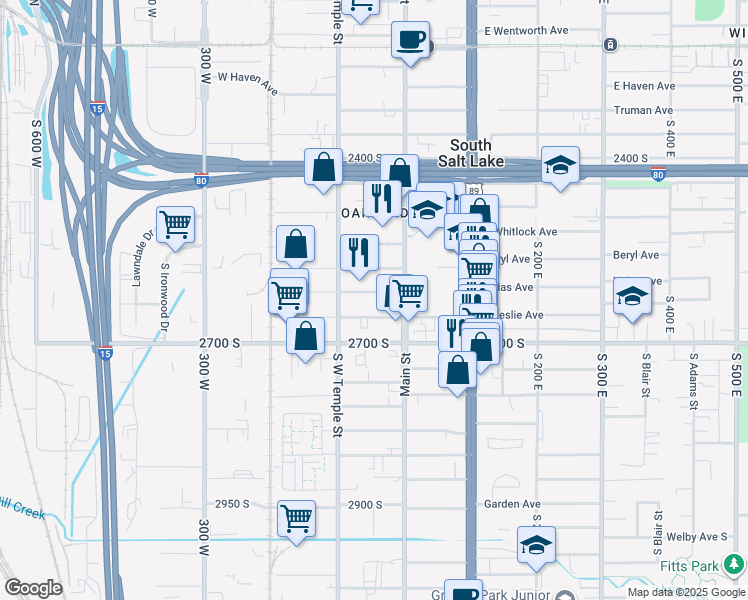 map of restaurants, bars, coffee shops, grocery stores, and more near 45 West Crystal Avenue in South Salt Lake