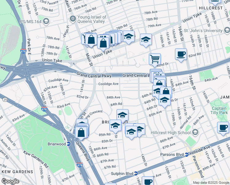 map of restaurants, bars, coffee shops, grocery stores, and more near 143-45 Hoover Avenue in Queens
