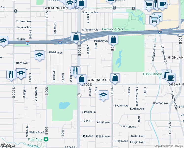 map of restaurants, bars, coffee shops, grocery stores, and more near 2598 South Christy Creek Lane in Salt Lake City