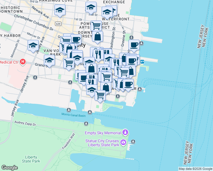 map of restaurants, bars, coffee shops, grocery stores, and more near 103 Sussex Street in Jersey City