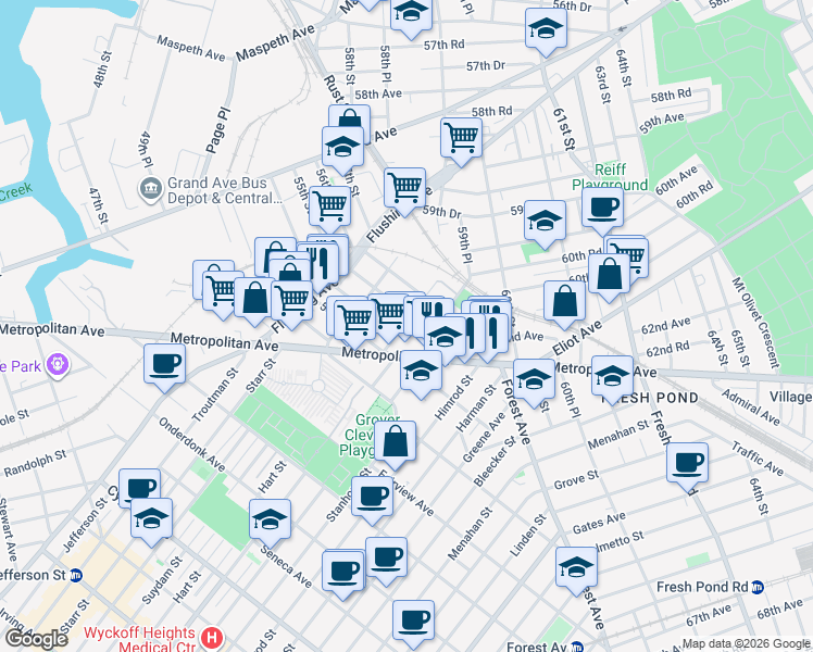 map of restaurants, bars, coffee shops, grocery stores, and more near 60-85 55th Street in Queens