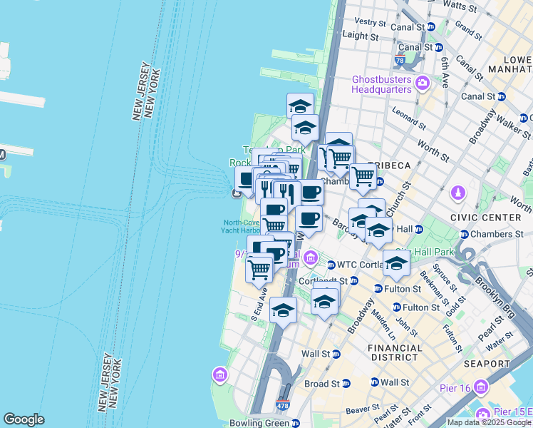 map of restaurants, bars, coffee shops, grocery stores, and more near 300 Vesey Street in New York