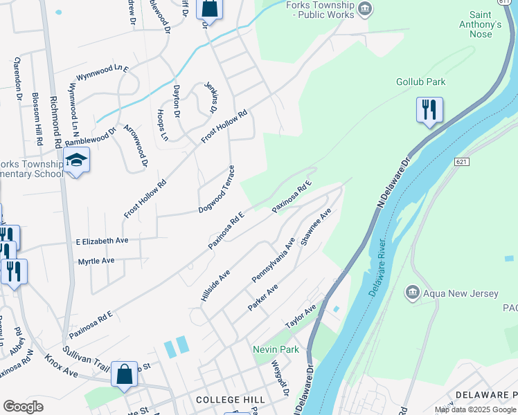 map of restaurants, bars, coffee shops, grocery stores, and more near 523 Paxinosa Road East in Easton