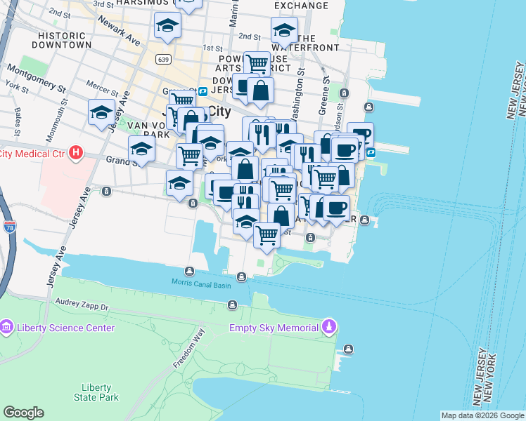 map of restaurants, bars, coffee shops, grocery stores, and more near 103 Sussex Street in Jersey City