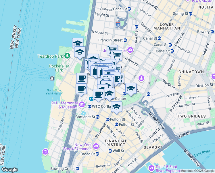 map of restaurants, bars, coffee shops, grocery stores, and more near 50 Murray Street in New York