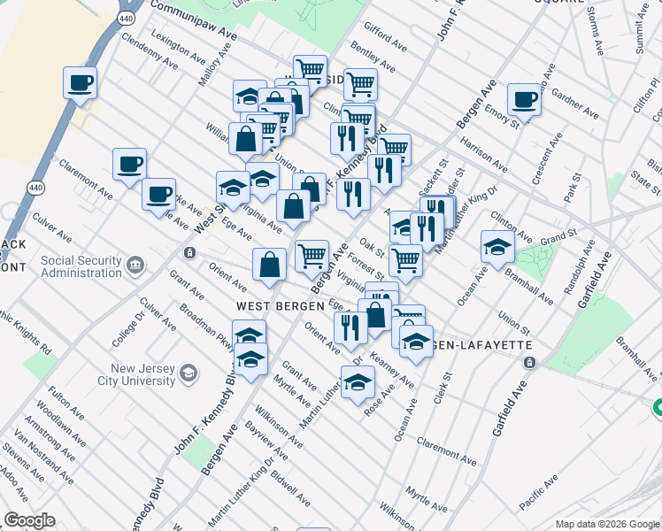 map of restaurants, bars, coffee shops, grocery stores, and more near in Jersey City