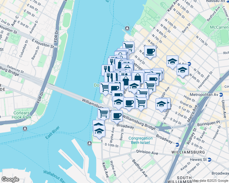 map of restaurants, bars, coffee shops, grocery stores, and more near 307 Kent Avenue in Brooklyn