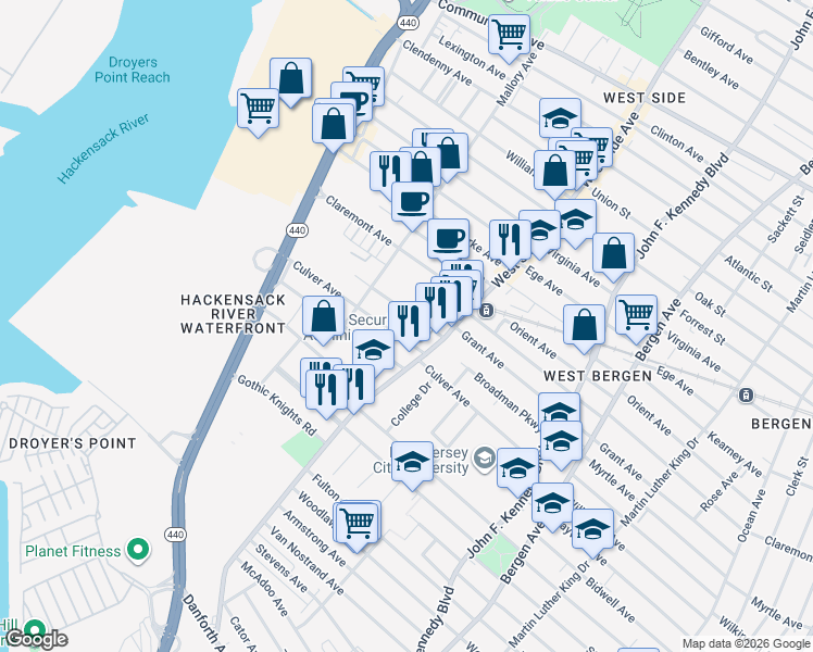map of restaurants, bars, coffee shops, grocery stores, and more near 43 Pollock Avenue in Jersey City