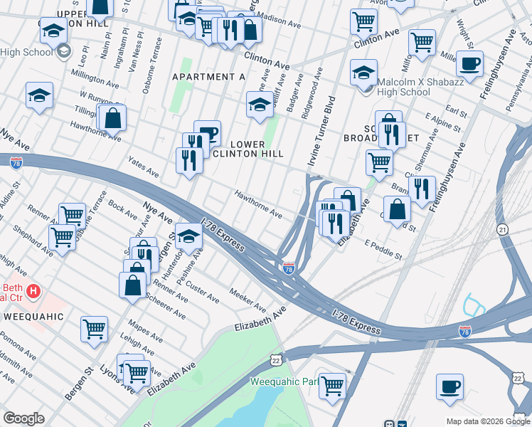 map of restaurants, bars, coffee shops, grocery stores, and more near 345 Badger Avenue in Newark