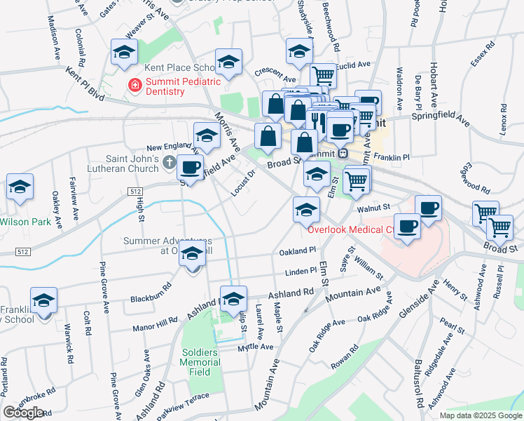 map of restaurants, bars, coffee shops, grocery stores, and more near 19 Prospect Street in Summit