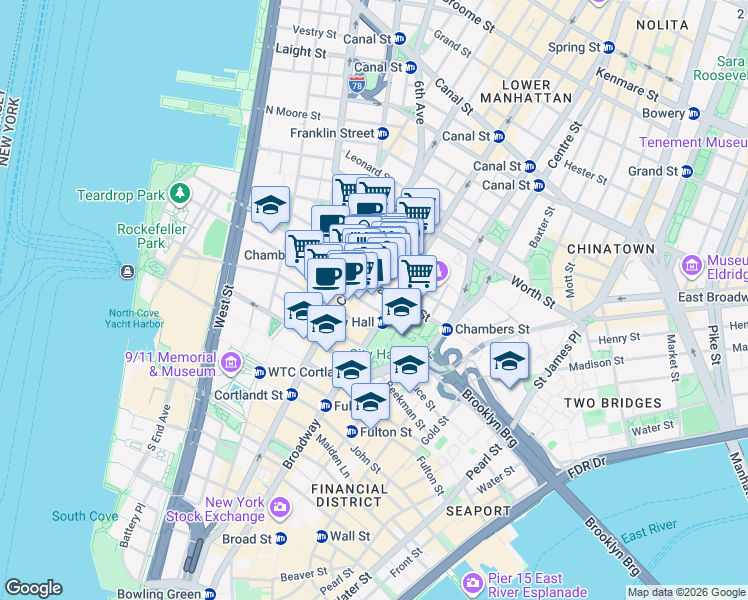 map of restaurants, bars, coffee shops, grocery stores, and more near 277 Broadway in New York