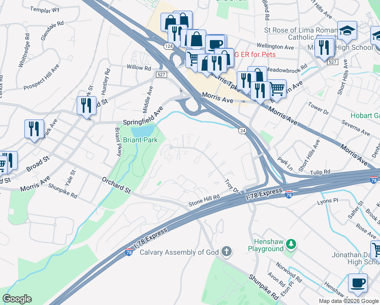 map of restaurants, bars, coffee shops, grocery stores, and more near 101D Troy Drive in Springfield