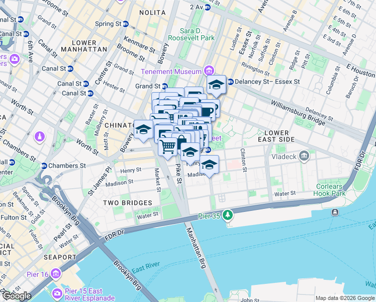 map of restaurants, bars, coffee shops, grocery stores, and more near 130 East Broadway in New York