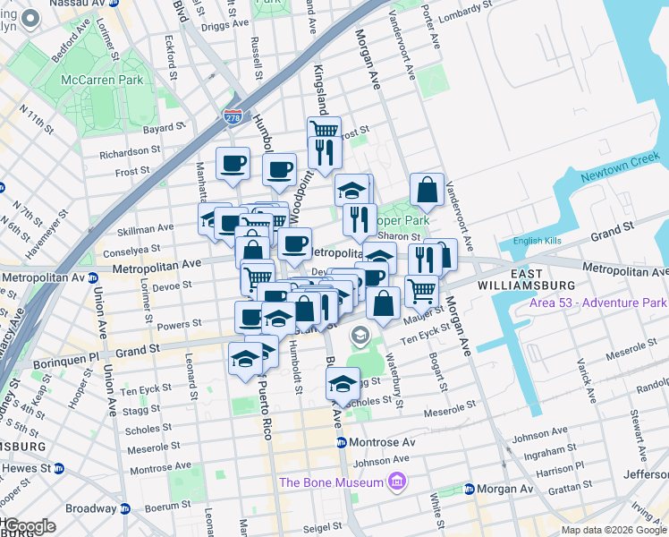 map of restaurants, bars, coffee shops, grocery stores, and more near 241 Devoe Street in Brooklyn