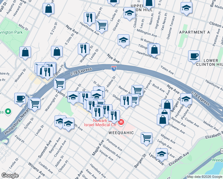 map of restaurants, bars, coffee shops, grocery stores, and more near 36 Aldine Street in Newark