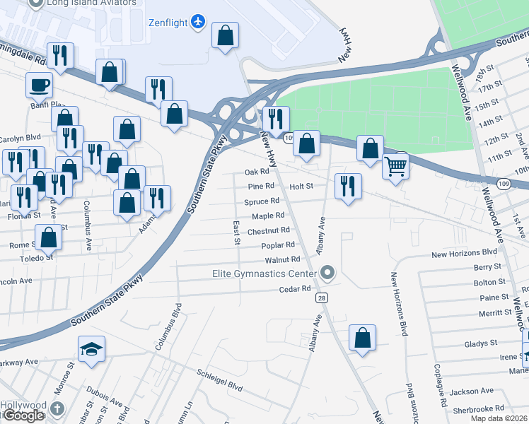 map of restaurants, bars, coffee shops, grocery stores, and more near 10 Spruce Road in Amityville