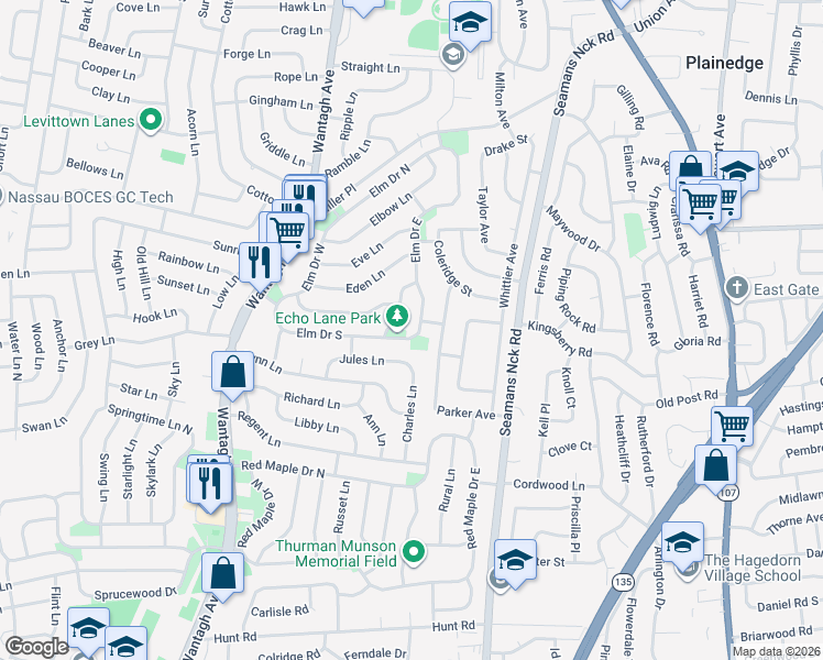 map of restaurants, bars, coffee shops, grocery stores, and more near 19 Echo Lane in Levittown