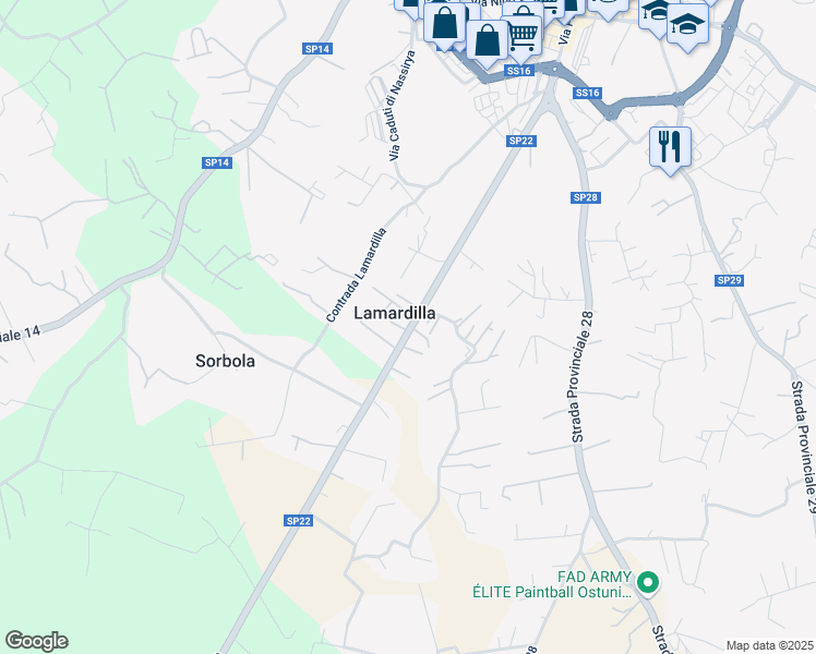 map of restaurants, bars, coffee shops, grocery stores, and more near 190 Via Papa Giovanni XXIII in Lamardilla