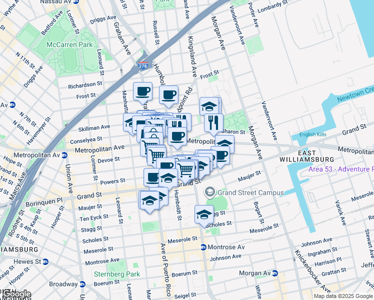 map of restaurants, bars, coffee shops, grocery stores, and more near in Brooklyn