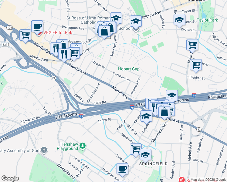 map of restaurants, bars, coffee shops, grocery stores, and more near 436A Morris Avenue in Springfield