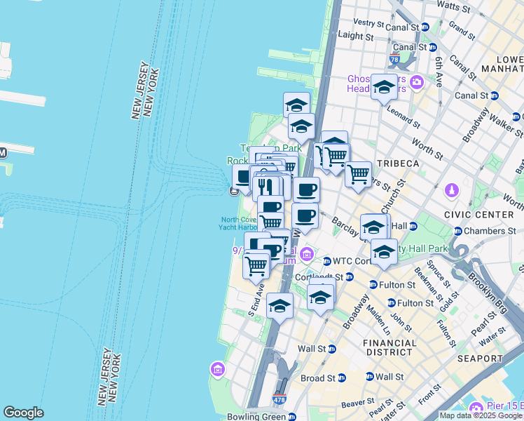 map of restaurants, bars, coffee shops, grocery stores, and more near 250 Vesey Street in New York