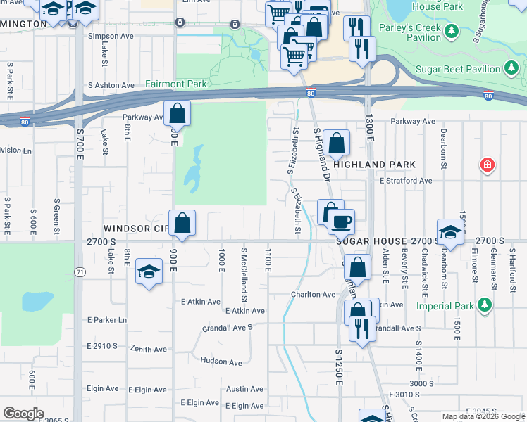 map of restaurants, bars, coffee shops, grocery stores, and more near 2594 South 1100 East in Salt Lake City