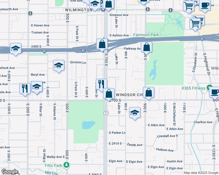 map of restaurants, bars, coffee shops, grocery stores, and more near 2580 Lake Street in Salt Lake City