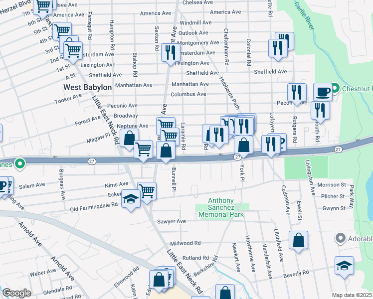 map of restaurants, bars, coffee shops, grocery stores, and more near 153 Arthur Avenue in West Babylon