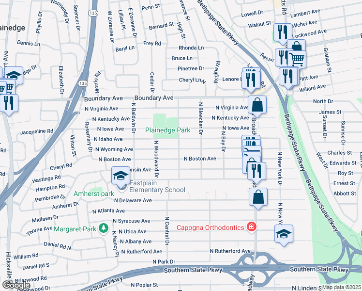 map of restaurants, bars, coffee shops, grocery stores, and more near 294 North Idaho Avenue in Massapequa