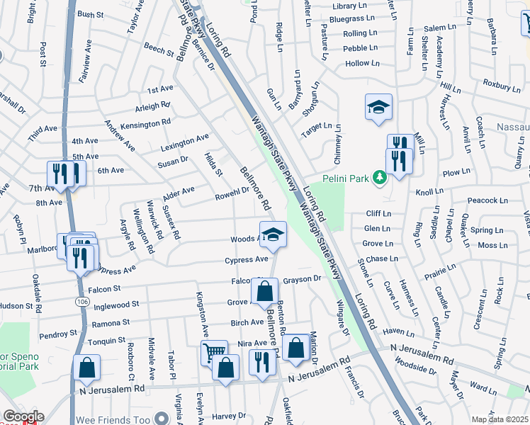 map of restaurants, bars, coffee shops, grocery stores, and more near 384 Bellmore Road in East Meadow
