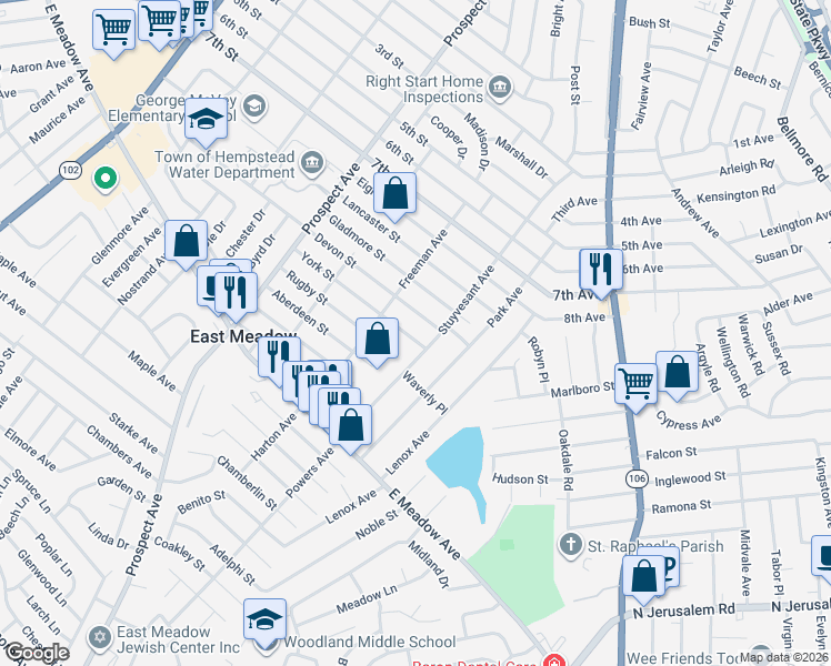 map of restaurants, bars, coffee shops, grocery stores, and more near 2468 Devon Street in East Meadow