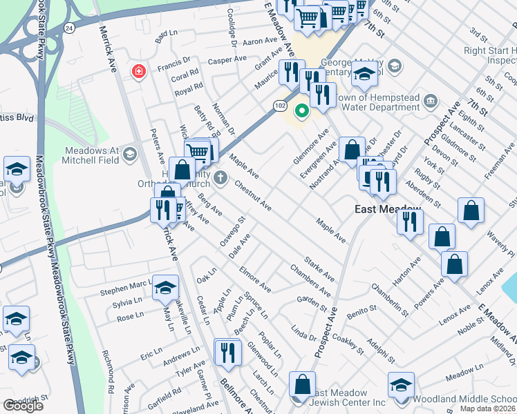 map of restaurants, bars, coffee shops, grocery stores, and more near 218 Chestnut Avenue in East Meadow
