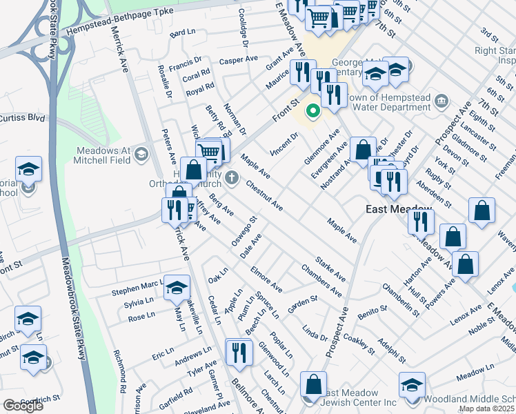 map of restaurants, bars, coffee shops, grocery stores, and more near 218 Chestnut Avenue in East Meadow