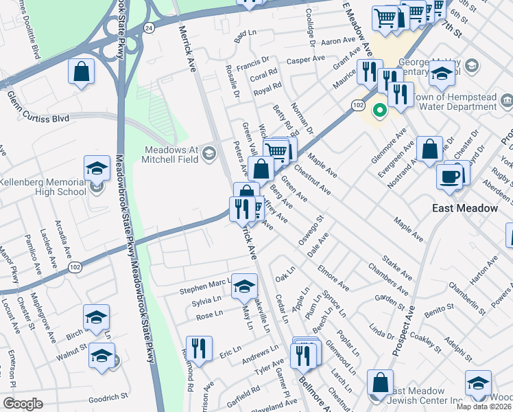 map of restaurants, bars, coffee shops, grocery stores, and more near 346 Jeffrey Avenue in East Meadow