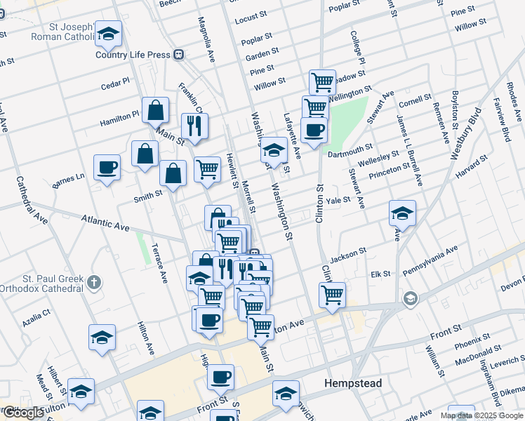 map of restaurants, bars, coffee shops, grocery stores, and more near 15 Burr Avenue in Hempstead