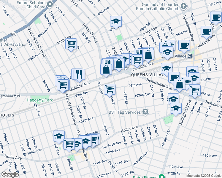 map of restaurants, bars, coffee shops, grocery stores, and more near 211-37 99th Avenue in Queens