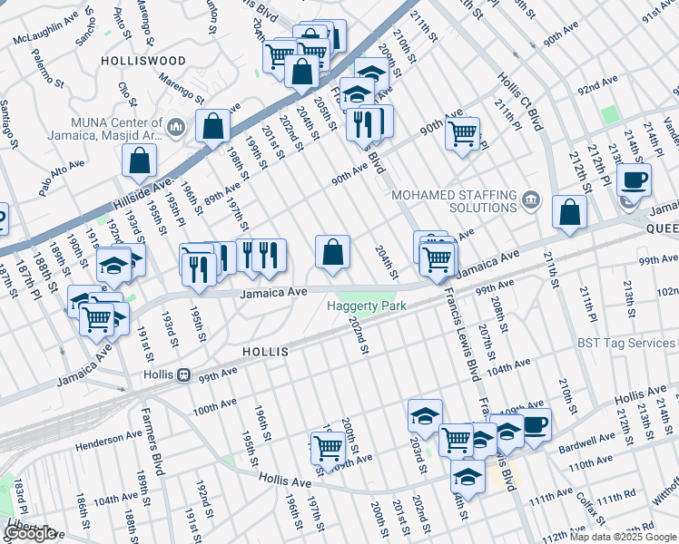 map of restaurants, bars, coffee shops, grocery stores, and more near 93-04 201st Street in Queens