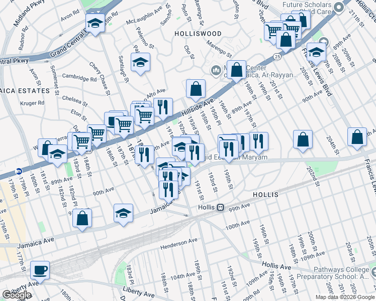map of restaurants, bars, coffee shops, grocery stores, and more near 88-71 192nd Street in Queens