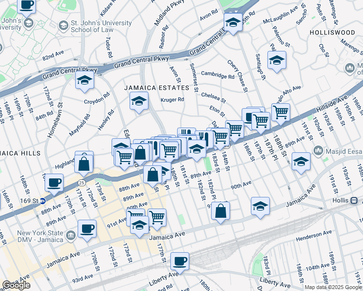 map of restaurants, bars, coffee shops, grocery stores, and more near 38 Wexford Terrace in Queens