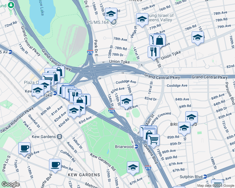 map of restaurants, bars, coffee shops, grocery stores, and more near 135-08 82nd Avenue in Queens