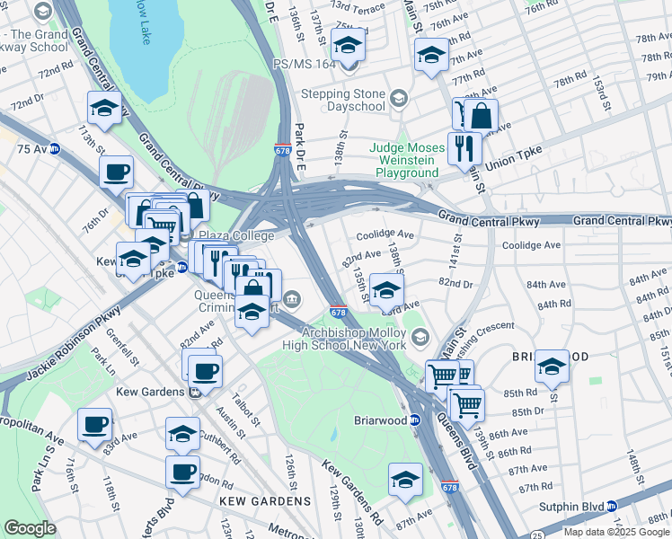 map of restaurants, bars, coffee shops, grocery stores, and more near 134-1 82nd Avenue in Queens