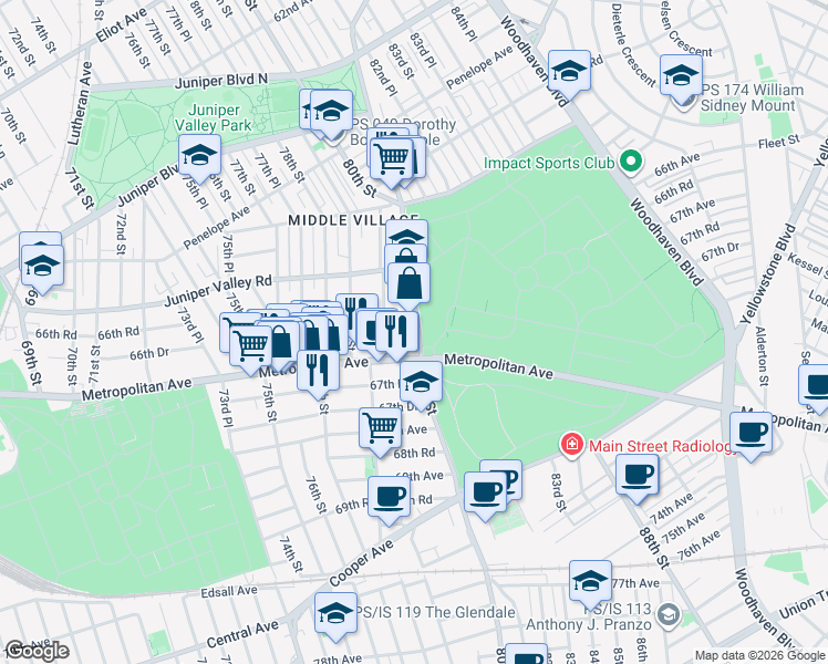 map of restaurants, bars, coffee shops, grocery stores, and more near 66-56 80th Street in Queens