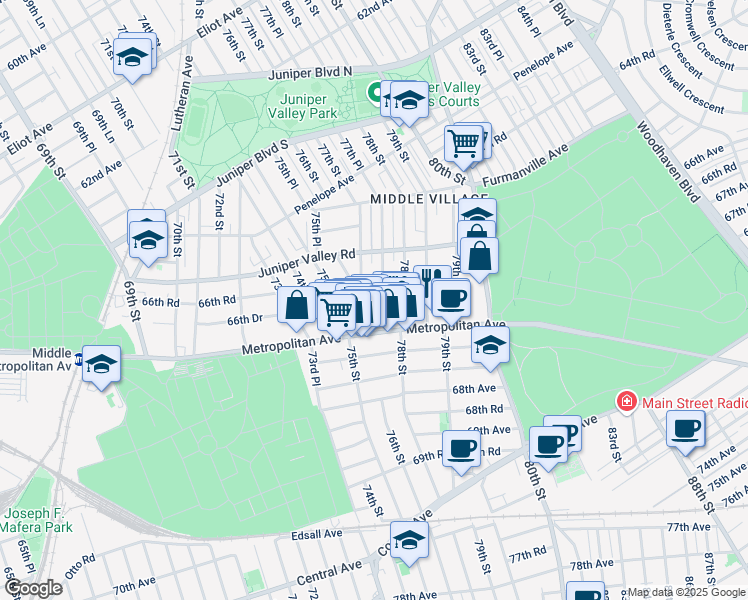 map of restaurants, bars, coffee shops, grocery stores, and more near 77-16 66th Road in Queens