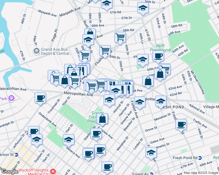 map of restaurants, bars, coffee shops, grocery stores, and more near 60-85 55th Street in Queens