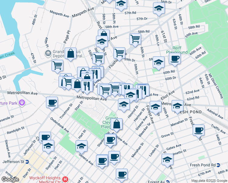 map of restaurants, bars, coffee shops, grocery stores, and more near in Queens