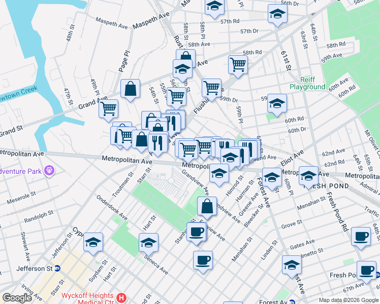 map of restaurants, bars, coffee shops, grocery stores, and more near in Queens