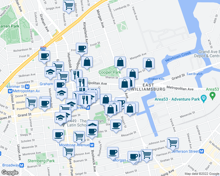 map of restaurants, bars, coffee shops, grocery stores, and more near 991 Metropolitan Avenue in Brooklyn