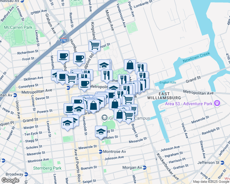 map of restaurants, bars, coffee shops, grocery stores, and more near 928 Metropolitan Avenue in Brooklyn