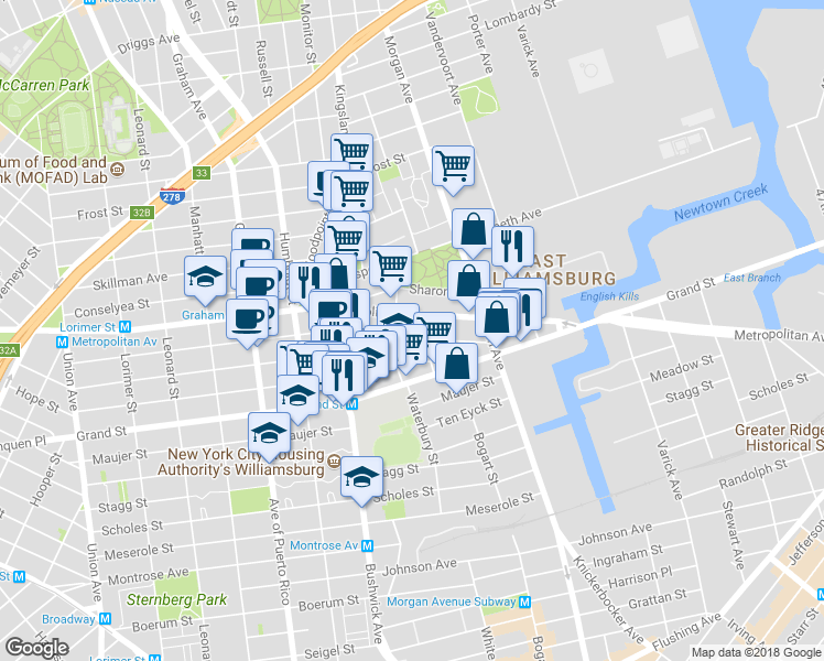 map of restaurants, bars, coffee shops, grocery stores, and more near 928 Metropolitan Avenue in Brooklyn
